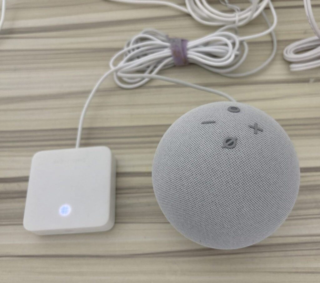 寝室の SwitchBot ハブミニ(左)と Echo Dot(右)