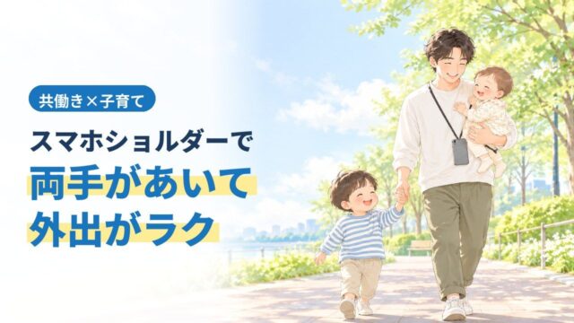 スマホショルダーで両手があいて外出がラク。子どもを抱っこし、もう一人と手をつないで歩く父親のイラスト